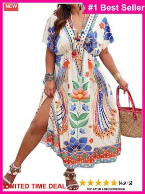 Plus Size Tribal Print Dolman Sleeve V-Neck Maxi A-Line Dress
